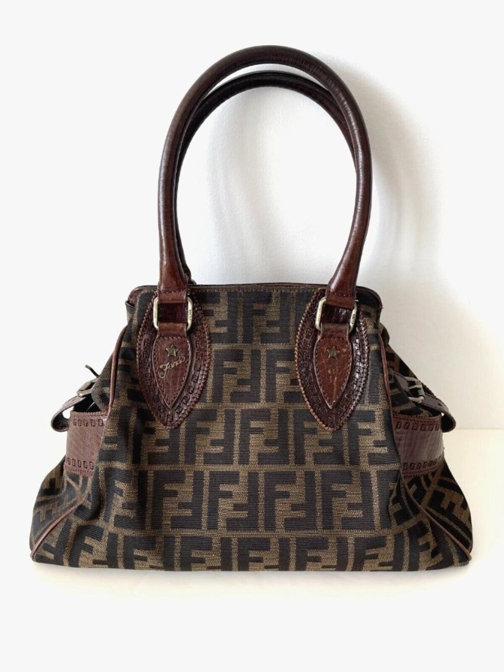 FENDI Zucca Du Jour Leather Trim Handle Canvas Tote w/Card & Dust Bag & Box